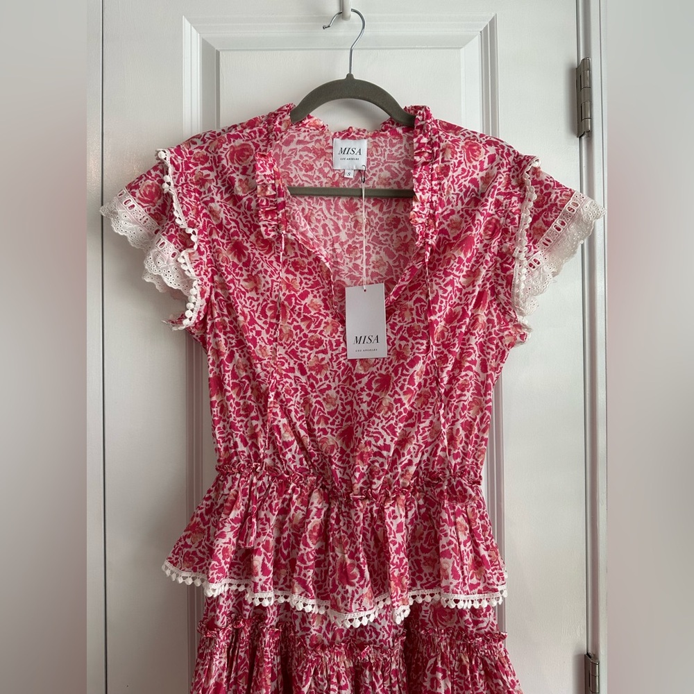 MISA Los Angeles Lilian Dress Pink Animal Floral Tiered Lace Trim NWT Size S - Picture 3 of 12